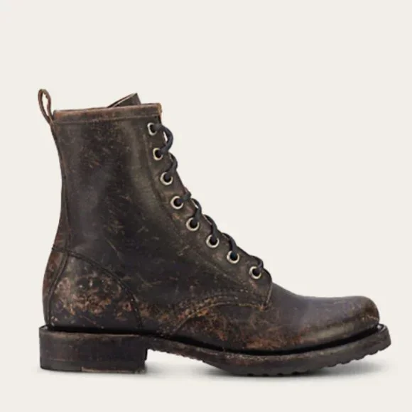 Frye Veronica Combat Distress Black Brown Tumbled Leather Laced Combat AnkleBoot - Picture 4 of 14